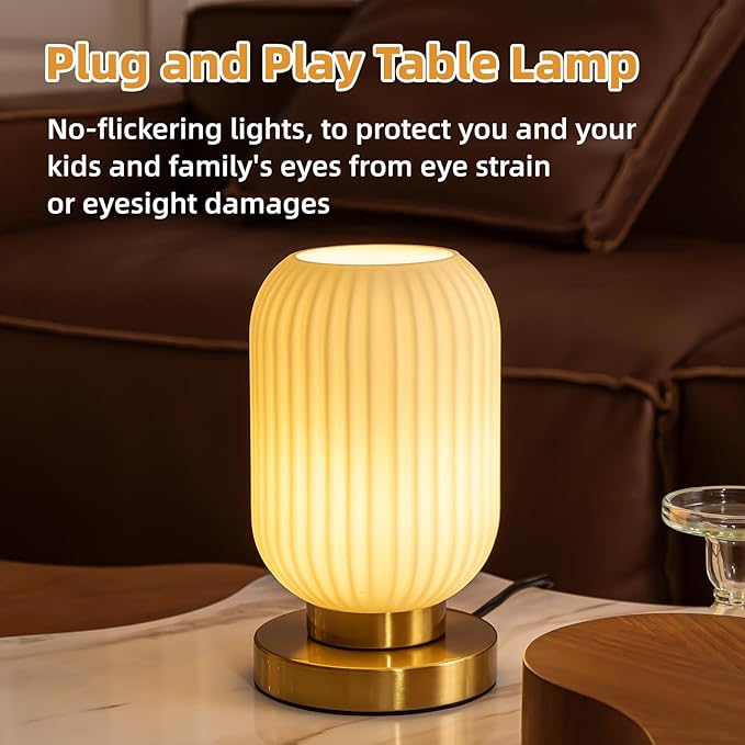 Bedside Table Lamp with Glass Shade, Small Nightlight Lamp Elegant Milky White Glass Nightstand Lamp Modern Desk Lamp with Plug-in Style for Bedroom Living Room Tabletop Dia5.9"x H9.8"