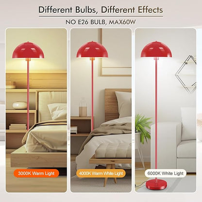 Floor Lamp, Industrial Red Floor Lamps for Living Room, 65.6in Standing Lamp, Retro Mushroom Dome Shade, Whole Metal, E26 Socket, Mid Century Modern Floor Lamp for Bedroom/Office,No Bulb