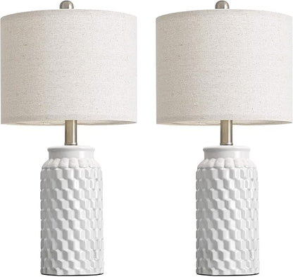 20.5" Set of 2 Bedside Table Lamps Modern White Honeycomb Ceramic - Linen Shade, E26 Knob Switch for Living Room, Bedroom & Nightstand