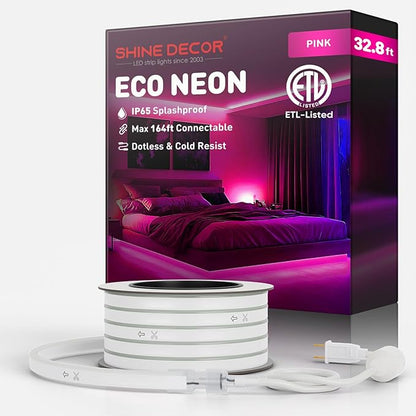 Shine Decor LED Rope Lights AC 120V, Connectable & Cuttable Dotless 120LEDs/M Eco Neon Strip Lighting, ETL IP65 Waterproof & Weather-Resistant for Home Commercial, 8x16mm, Pink, 32.8FT