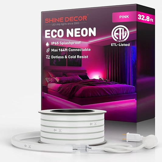 Shine Decor LED Rope Lights AC 120V, Connectable & Cuttable Dotless 120LEDs/M Eco Neon Strip Lighting, ETL IP65 Waterproof & Weather-Resistant for Home Commercial, 8x16mm, Pink, 32.8FT