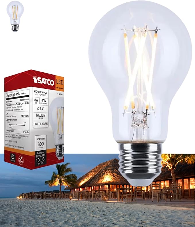 Satco S12150 8W LED A19 Bulb, Warm Dimming 3000K-2000K, 800 Lumens, 90 CRI, 60W Replacement, Clear Glass, E26 Medium Base, Enclosed Fixture Rated, Dimmable, 120 Volt