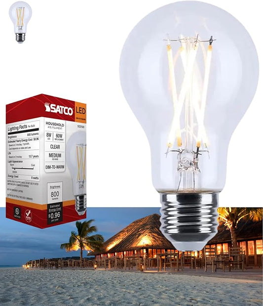 Satco S12150 8W LED A19 Bulb, Warm Dimming 3000K-2000K, 800 Lumens, 90 CRI, 60W Replacement, Clear Glass, E26 Medium Base, Enclosed Fixture Rated, Dimmable, 120 Volt
