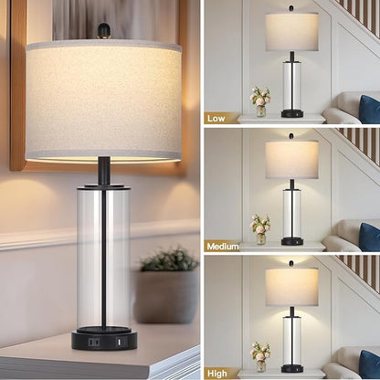 26" Black Glass Table Lamp for Living Room Single, 3-Way Dimmable Bedside Lamps with USB C+A Ports & AC Outlet, Modern Touch Control Bedroom Lamp for Nightstand Side End Table (Bulb Included)