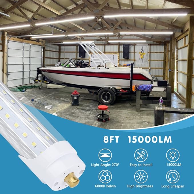 (12-Pack),T8/T10/T12 8FT LED Tube Light, Single Pin FA8 Base, 100W 15000LM 6000K Cold White, 270 Degree V Shaped LED Fluorescent Bulb (250W Equiv.), Clear Cover, Dual-Ended Power