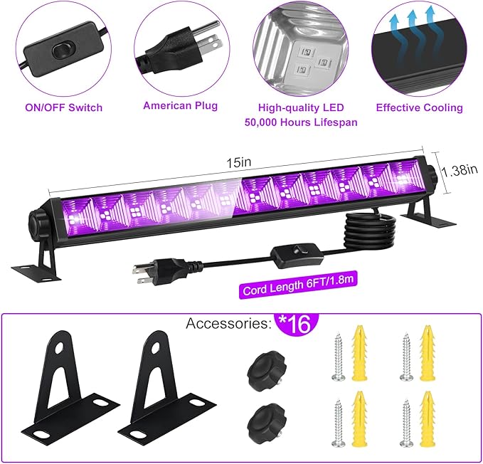 16 Pack 40W LED Black Light Bar, Black Lights Light Up 8000ft² with Switch+Plug+6ft Cord, for Glow Party Supply, Halloween, Bedroom, Body Paint, Fluorescent Party