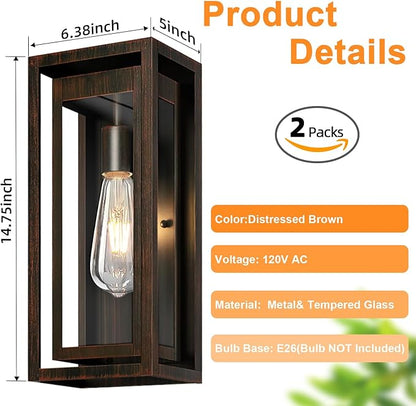 15" Large Outdoor Light Fixture Wall Mount, 2 Pack Distressed Brown Outdoor Sconce Lights, Modern Waterproof Exterior Porch Lights with Clear Glass Shade for Front Door, Garage