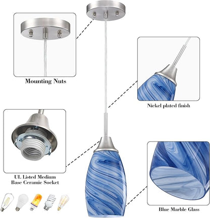 Mini Glass Pendant Light 1-Pack Dark Blue Marble Art Glass Pendant Lights Kitchen Island Brushed Nickel Finish Hanging Light for Kitchen Over Sink,Dining Room,Foyer,Hallway