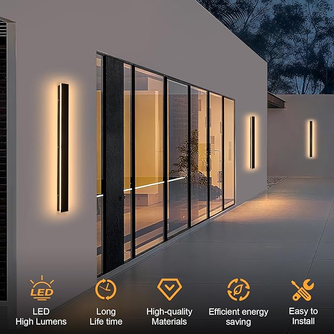 Long Porch Wall Lights 24 Inch Black Outdoor Wall Light 3000K Modern Linear Porch Wall Sconce Waterproof Anti Rust Outdoor LED Linear Lighting Fixtures for Patio Garage Swimming Pools