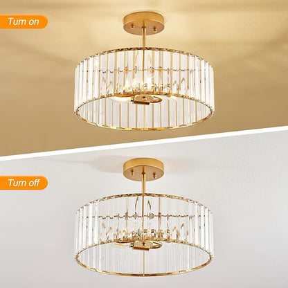 Modern Gold Semi Flush Mount Ceiling Light Crystal 3-Light Light Fixture 15.75 Inch Kitchen Ceiling Lighting for Living Room Bedroom Dining Room Bathroom Entryway (Bulb Not Included)