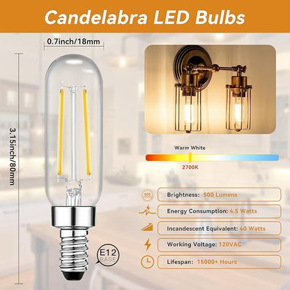 TJOY E12 T6 Candelabra LED Bulbs, Dimmable 4.5W Equivalent 40W 2700K Soft Warm White, Small Base Clear Light Bulb, Vintage Edison Bulb Decorative for Chandelier Ceiling Fan Wall Sconces, 500lm, 12pack