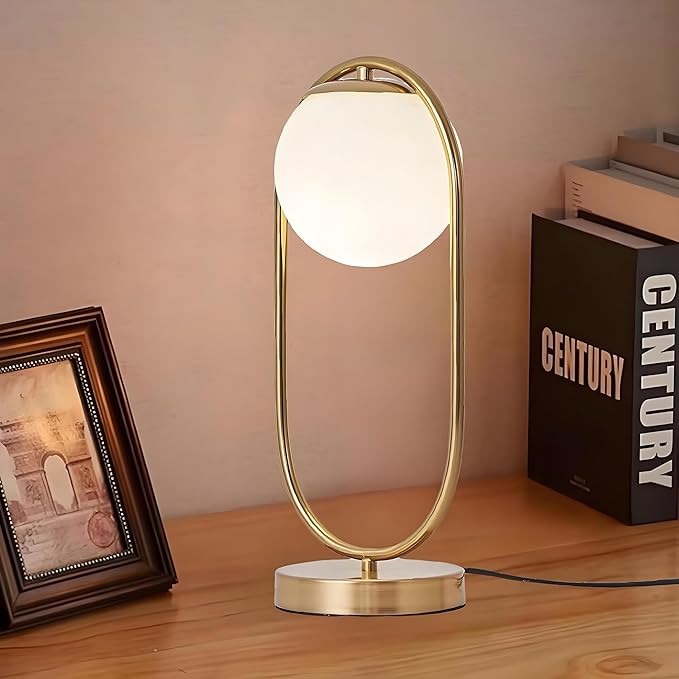 Mid Century Modern Table lamp Boho Vintage Glass Globe Table lamp with Led for Bedroom Bedside Night Light Farmhouse Retro Desk lamp