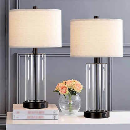 Kyrid 23.5'' Glass Table Lamp Set of 2 for Living Room with USB Ports and AC Outlets(Bulbs Included)