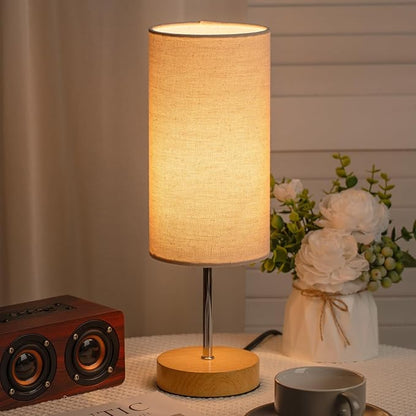 Small Bedside Table Lamp for Bedroom Nightstand, Round Linen Shade and Wood Base, Rustic Minimalist Night Lamps for Dresser, Living Room, Office, College Dorm Reading, Warm Light, 5W LED Bulb Included