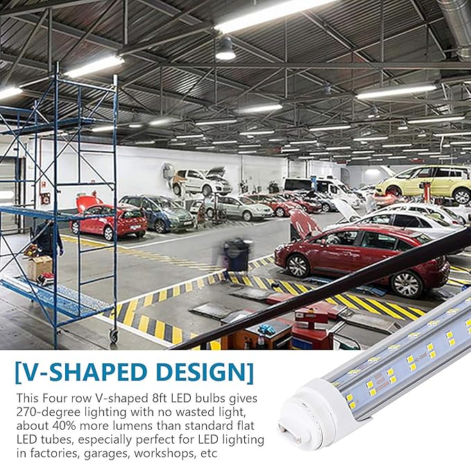 10PCS, LED Shop Light 8FT Tube, 2 Pin LED Tube Lights 270 Degree Angle, V Shaped 4 Row LEDs,R17D HO Rotatable LED Bulb, 144W, Clear Cover, Cold White 6000k, Fluorescent Tube Replacement