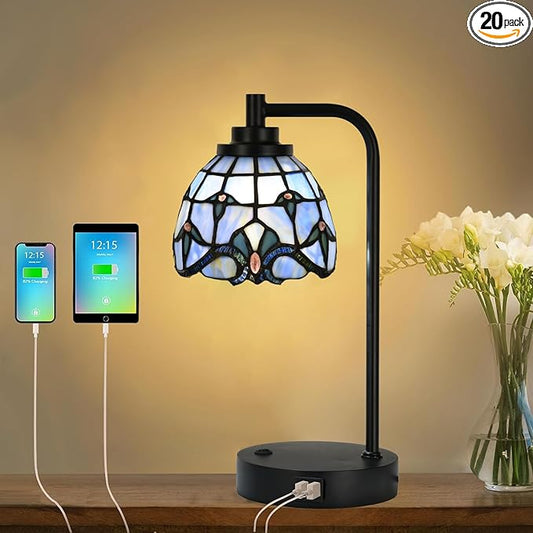 TL0016 Tiffany Table Lamp with 2 USB Charging Ports, Desk Lamp with Blue Baroque Stained Glass Lamp Shade, Retro Nightstand H 14.5" for Bedrooms Office Study, LED Bulbs Included (Blue)