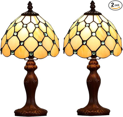 Tiffany Small Table Lamp for Living Room Blue Beads Stained Glass Bedside Nightstand Table Lamps for Bedroom Set of 2,3-Color Temperatures 8X8X15 Inch Hotel Home Office Desk Lamps