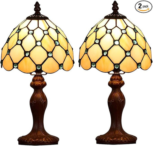Tiffany Small Table Lamp for Living Room Blue Beads Stained Glass Bedside Nightstand Table Lamps for Bedroom Set of 2,3-Color Temperatures 8X8X15 Inch Hotel Home Office Desk Lamps