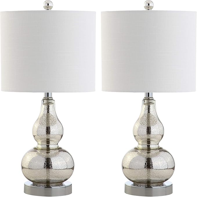 JONATHAN Y JYL1028C-SET2 20.5" Silver Mercury Glass Gourd Table Lamp Set of 2, Modern Glam Bedside Nightstand Lamps for Bedroom, Living Room, Office, End Table with White Linen Drum Shade
