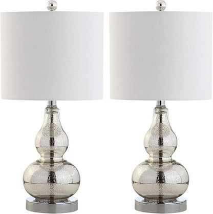 JONATHAN Y JYL1028C-SET2 20.5" Silver Mercury Glass Gourd Table Lamp Set of 2, Modern Glam Bedside Nightstand Lamps for Bedroom, Living Room, Office, End Table with White Linen Drum Shade