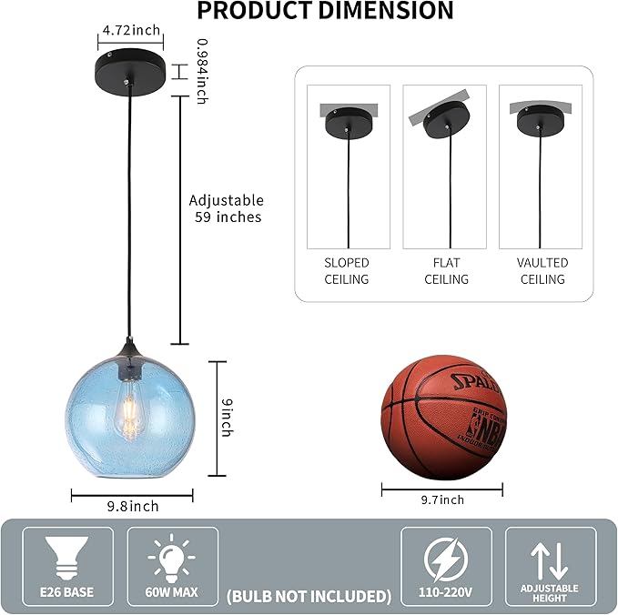 Blue Glass Pendant Lights Kitchen Island Lighting Modern Globe Pendant Light Fixtures Modern Pendant Lights for Kitchen Island Bedroom Living Dining Room Light Fixture-9.8inch