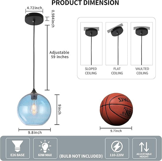 Blue Glass Pendant Lights Kitchen Island Lighting Modern Globe Pendant Light Fixtures Modern Pendant Lights for Kitchen Island Bedroom Living Dining Room Light Fixture-9.8inch