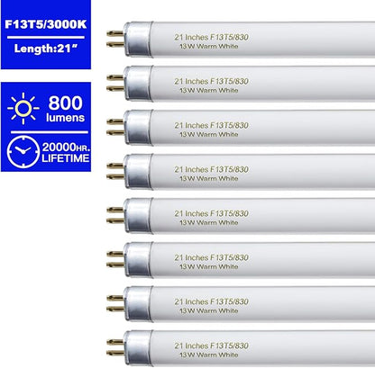 8 Pack 21 Inch T5 Fluorescent Light Bulb 13 Watt F13T5/WW Compatible with Sylvania Satco Philips GE Under Cabinet Tube Light Warm White 800 Lumen G5 Base 8 Count