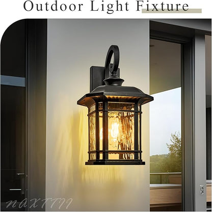 Matte Black Outdoor Wall Lights 16.7 Inch Height Waterproof Outdoor Wall Sconce Exterior Wall Light Fixtures with Water Ripple Glass for Garage Patio Front Door