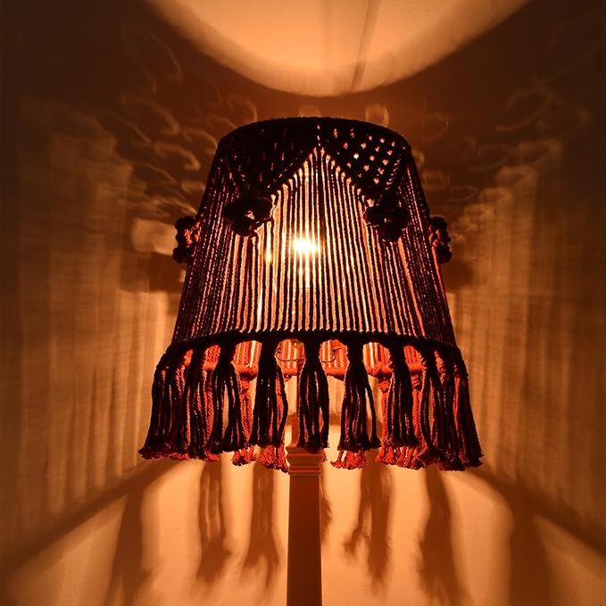 Wine Red Boho Woven Lamp Shade Bell Tassels Lampshade 7.5``Top x 12``Bottom x 11``High(Spider) Medium Handmade Lamp Shades for Table & Bedside Lamp - Easy Assemble