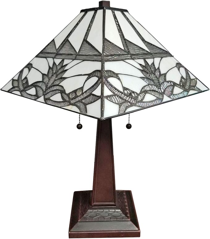 Tiffany Style Table Lamp Banker Mission 22" Tall Stained Glass Tan Green Blue Red Floral Flower Vintage Antique Light Décor Living Room Bedroom Handmade Gift AM312TL14B Amora Lighting