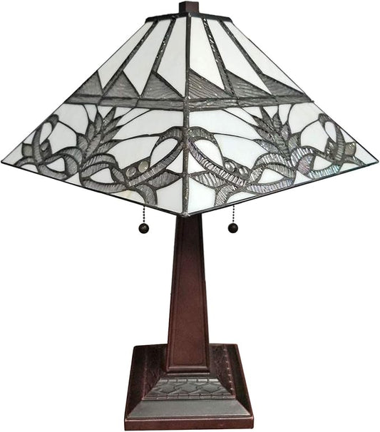 Tiffany Style Table Lamp Banker Mission 22" Tall Stained Glass Tan Green Blue Red Floral Flower Vintage Antique Light Décor Living Room Bedroom Handmade Gift AM312TL14B Amora Lighting