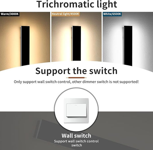23.6inch Modern Outdoor Wall Light, LED Long Wall Sconces Lighting 3 Color Lights 3000K/4500K/6000K, Black Minimalist, IP65 Waterproof, Exterior Light Fixture Wall Lamps for Garage Porch Yard