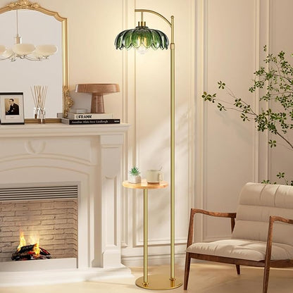 Glass Floor Lamp with Table and Shelves for Living Room Bedroom,Gold Standing Lamp with Remote Dimmable,Boho Brass Tall Lamp Vintage Farmhouse Arc Green Flower Floor Light Bohemian