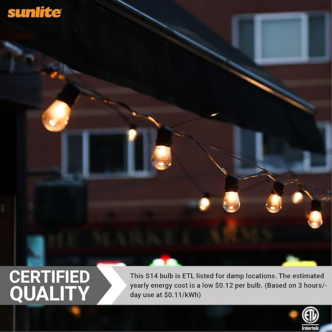 Sunlite LED S14 String Light Bulb, 1 Watt (10W Equivalent), 50 Lumens, Medium Base (E26), Non-Dimmable, ETL Listed, 2700K Soft White, Clear, 1 Count