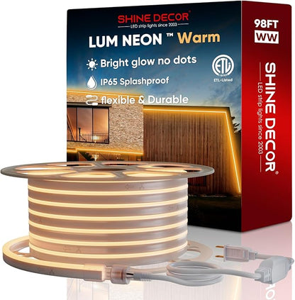 Shine Decor LED Neon Rope Lights AC 120V, Expandable & Cuttable 120LEDs/M Bright Strip Lighting, ETL Cold-Resistant & IP65 Waterproof for Indoor Outdoor, 8x16mm, 2500K Warm White, 98.4ft