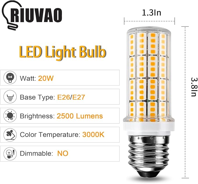 LED Light Bulb 200W Equivalent 2500 Lumen Super Bright 3000K Daylight White 20W Led Bulb E26/E27 Medium Base for Home Garage Warehouse Indoor Outdoor Led Corn Light Bulb Pack of 6