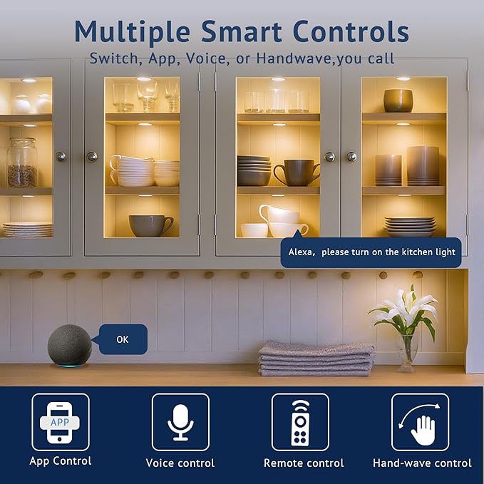 V4light Smart Puck Lights 4 Pack, Plug-in Under Cabinet Lighting for Kitchen, Closet & Shelf, App, Voice & Hand Control, Works with Alexa & Google Home, Dimmable & Adjustable Warm to Cool White Light
