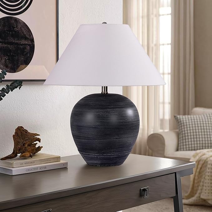 Farmhouse Ceramic Table Lamp Set of 2, 21" Rustic Table Lamp with Linen Shade, 3-Way Dimmable Bedside Nightstand Lamps for Bedroom, Living Room, E26 Socket, Black with White Striped