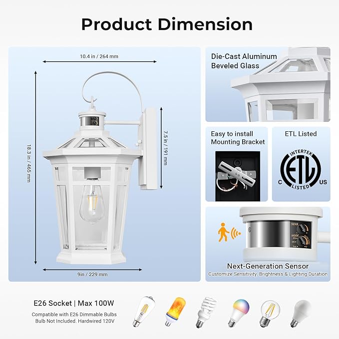 VIANIS Motion Sensor Outdoor Light fixtures Wall Mount, Large Aluminum Dusk to Dawn Outdoor Wall Lantern, White Waterproof Porch Lighting, Modern Exterior Lighting Fixtures for Patio, House