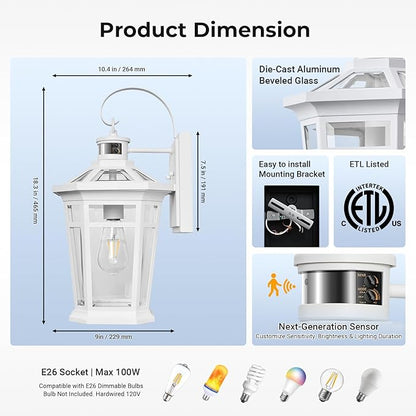 VIANIS Motion Sensor Outdoor Light fixtures Wall Mount, Large Aluminum Dusk to Dawn Outdoor Wall Lantern, White Waterproof Porch Lighting, Modern Exterior Lighting Fixtures for Patio, House