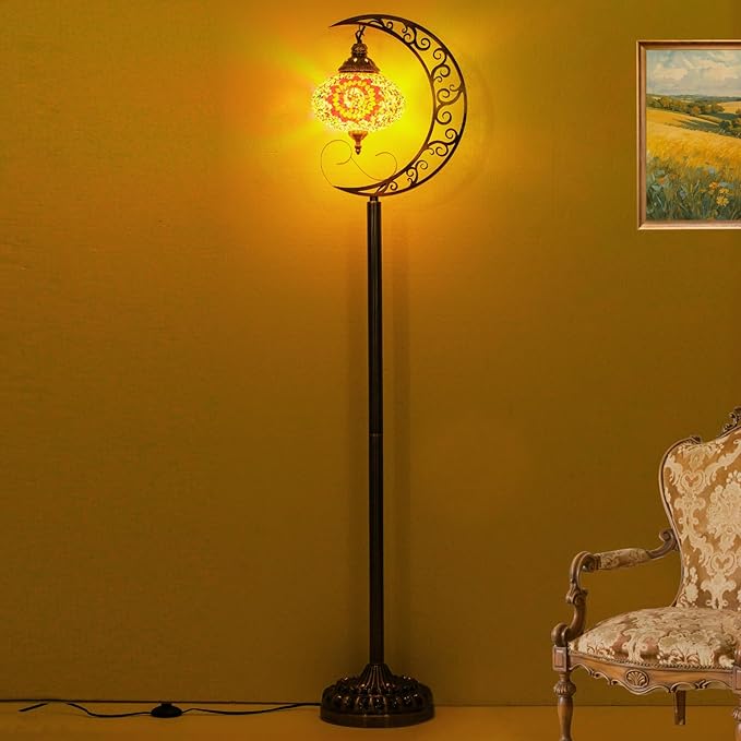 3D Crescent Moon Turkish Floor Lamp - 60 Inch Boho Lamp, 8 Inch Stained Glass Shade, Handmade for Living Room, Bulb Included (Multicolor,YUELFL-01)