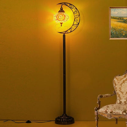 3D Crescent Moon Turkish Floor Lamp - 60 Inch Boho Lamp, 8 Inch Stained Glass Shade, Handmade for Living Room, Bulb Included (Multicolor,YUELFL-01)