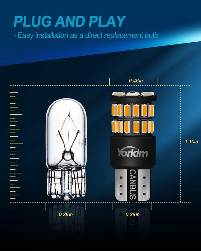 Yorkim 194 LED Bulb Amber Error Free T10 Led Amber 168 Bulb for Interior Light Door Courtesy Trunk License Plate Lights, 192 2825 W5W LED Replacement Bulbs for 12V Car, Pack of 2