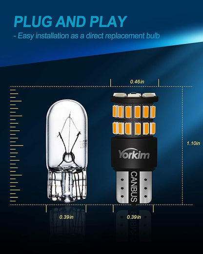 Yorkim 194 LED Bulb Amber Error Free T10 Led Amber 168 Bulb for Interior Light Door Courtesy Trunk License Plate Lights, 192 2825 W5W LED Replacement Bulbs for 12V Car, Pack of 2