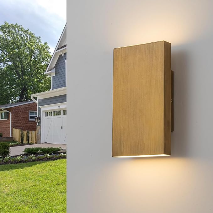Handmade Gold Up and Down Outdoor Wall Lights 10" LED Patio Wall Light Fixture Rectangle Exterior Lighting Fixtures for House, Porch Entryway Front Door Patio Garage (10W, 3000K/4500K/6000K)