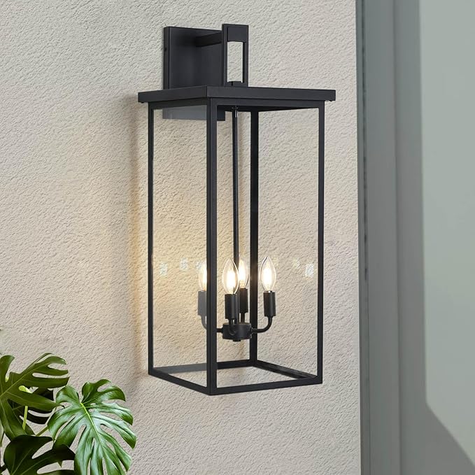 tewei 30In Large Size Square Outdoor Wall Lantern, Modern Black Outside Light for House Waterproof Porch Lights Outdoor Wall Sconce with Clear Glass Shade for Garage Porch Door, E12 Base (1 Pack)