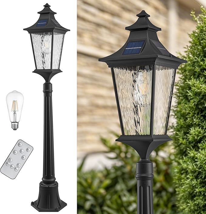 47.3 Inch Black Solar Lamp Posts Outdoor Waterproof Aluminum Solar Pole Lights with Water Ripple Glass Dusk to Dawn Outdoor Post Lights Hard Wired Include Remote Control and LED Bulb