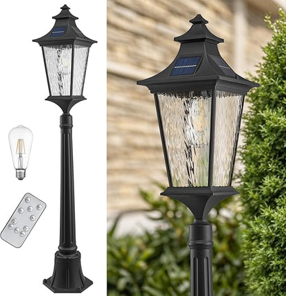 47.3 Inch Black Solar Lamp Posts Outdoor Waterproof Aluminum Solar Pole Lights with Water Ripple Glass Dusk to Dawn Outdoor Post Lights Hard Wired Include Remote Control and LED Bulb