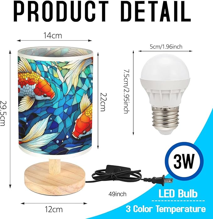 Koi Fish Table Lamp LED 3-Color Pressed Bedside, Koi Fish Shade Lamp with Wood Base for Bedroom Living Room Desk Office TL01