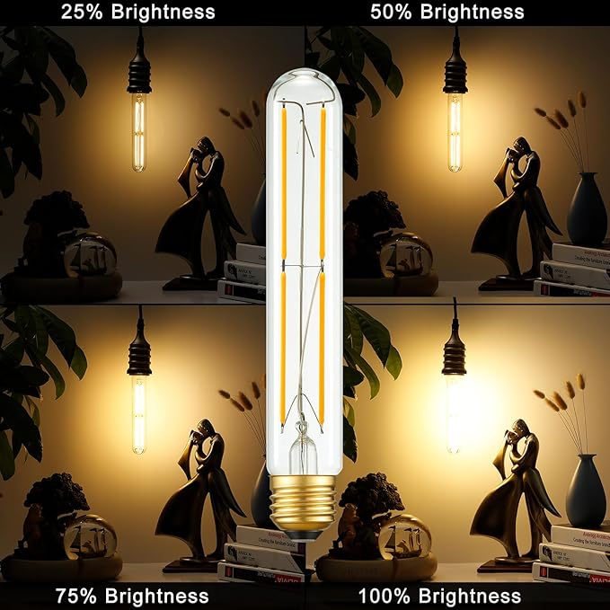 Arberlic 7.3 Inch T10 LED Bulb,6W Tubular Light Bulb Equivalent E26 led Bulb 60 watt dimmable,Warm White 2700K,600lm,CRI85+,AC120V,Clear Glass Long E26 Edison Bulb,Flicker-Free,Pack of 6